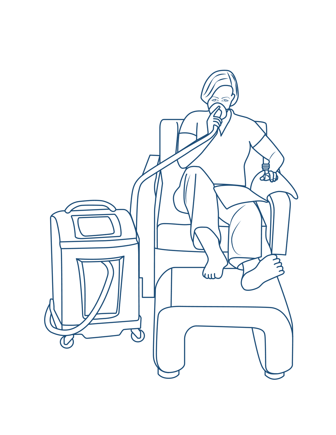 Linienzeichnung einer Person, die durch eine an einen Höhengenerator angeschlossene Maske atmet
