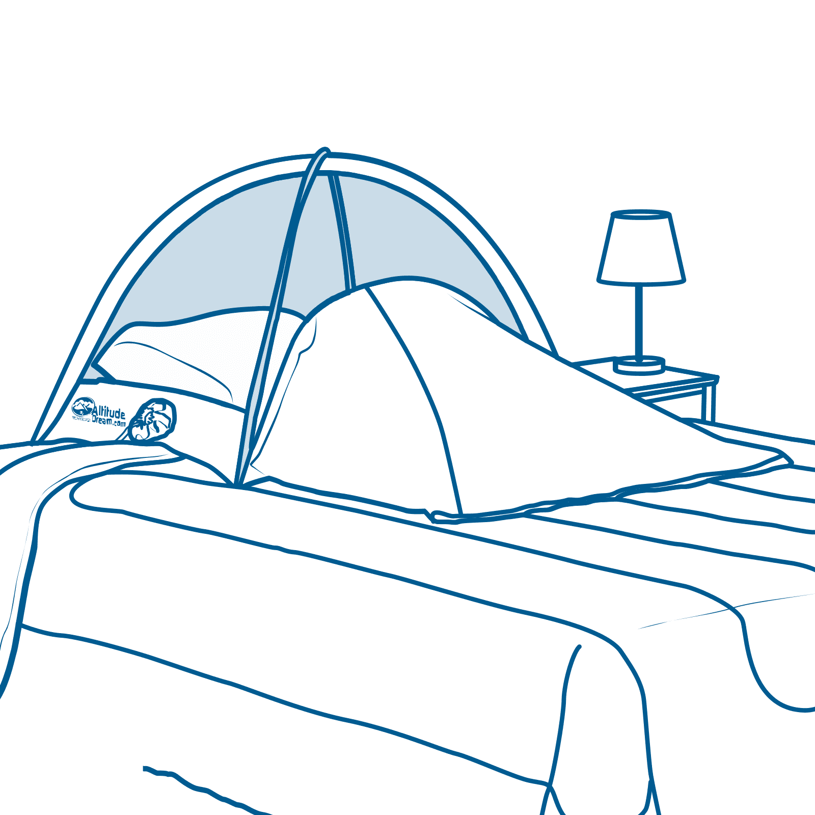Lijntekening van de Dream Cap over het hoofdeinde van een bed