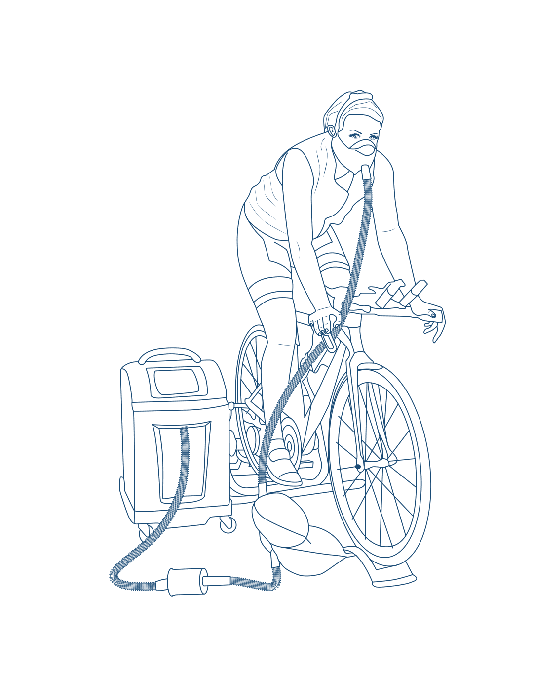 Lijntekening van een wielrenner die traint met een masker op een hoogtegenerator