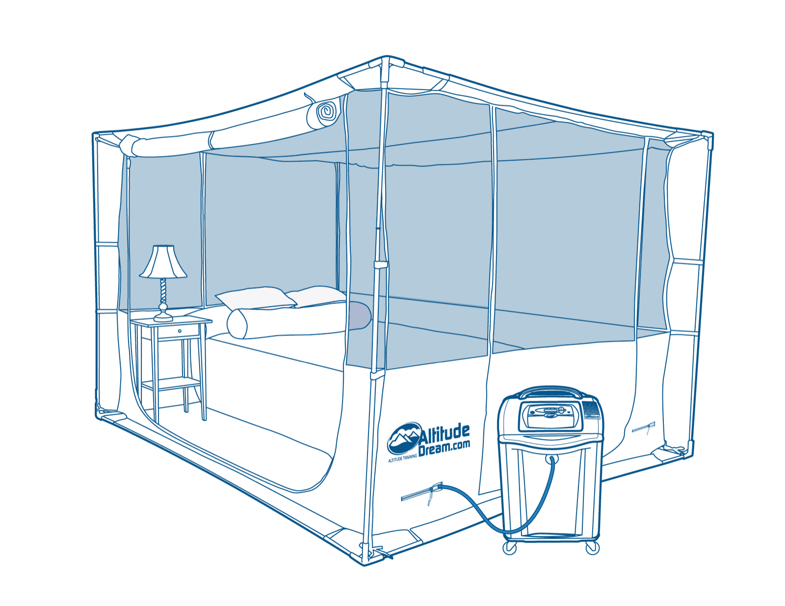 Lijntekening van de Cubicle Tent met een generator