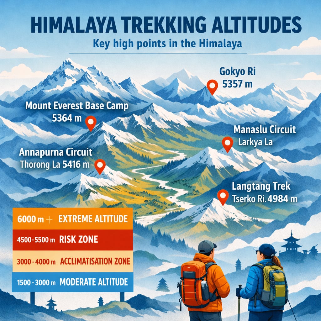 Infographic map showing altitudes of Himalayan treks such as Everest Base Camp, Annapurna Circuit and Langtang