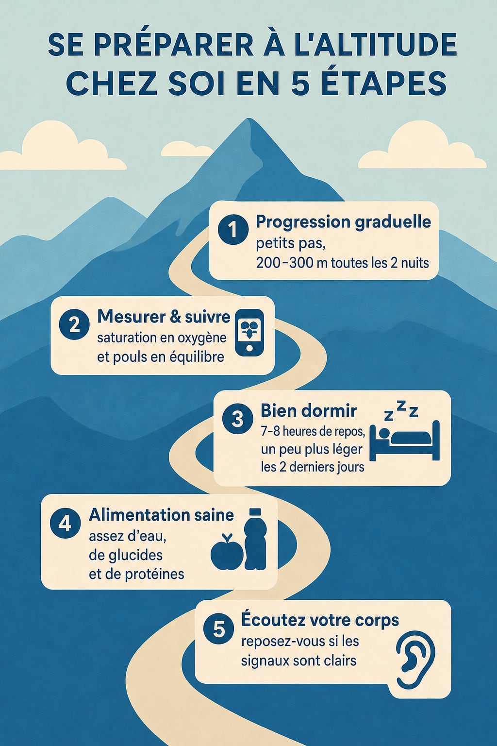 Infographie en cinq étapes pour vous préparer à l’altitude chez vous : progression graduelle, mesure, bon sommeil, alimentation saine et écoute de votre corps.