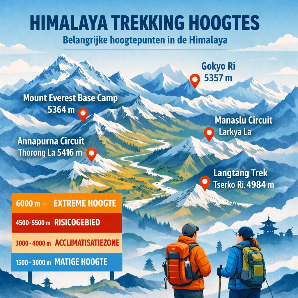 Infographic kaart met hoogtes van Himalaya trekkings zoals Everest Base Camp, Annapurna Circuit en Langtang